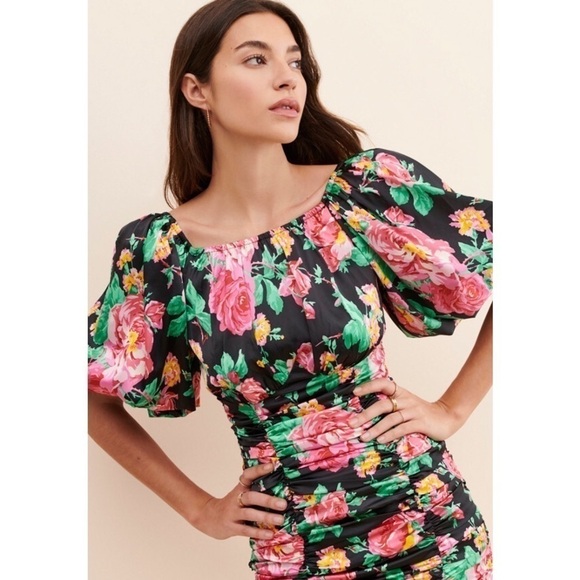 NWT FOR LOVE & LEMONS Floral Satin Puff Sleeve Open Back Ruched Bodycon Dress S - Picture 8 of 14